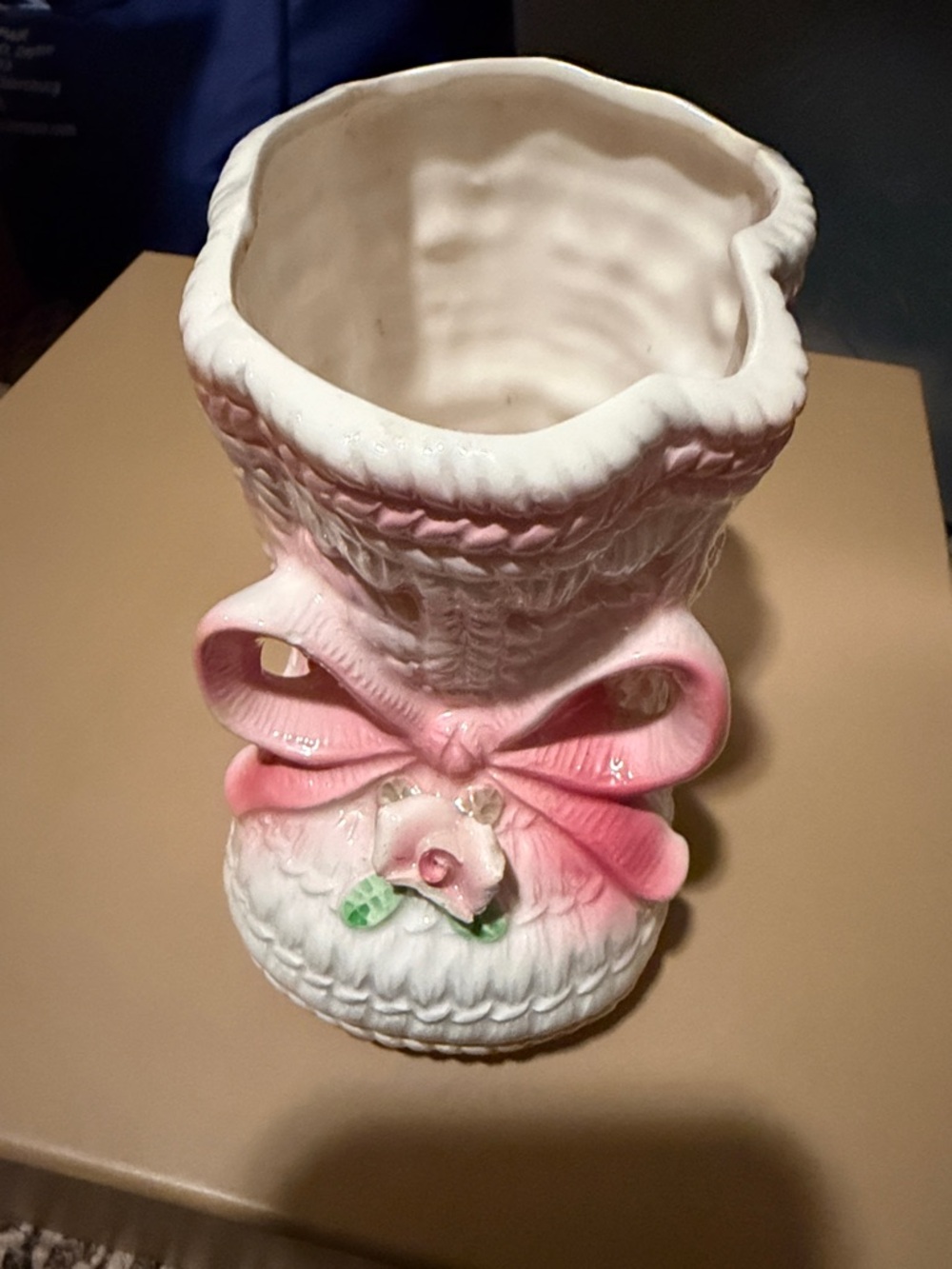Vintage 1970’s Pink and White Ceramic Boot Vase with Hand-Painted Bow
